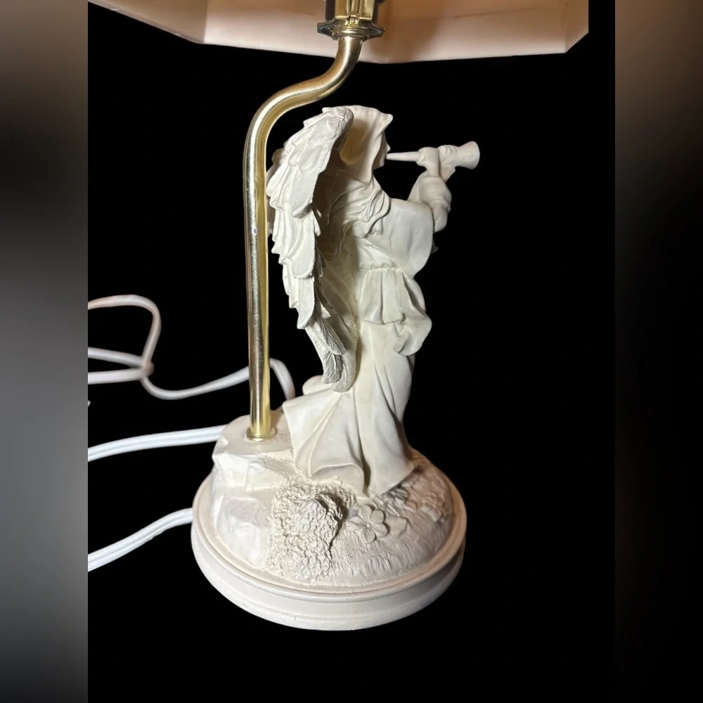 Vintage Angel Table Lamp Cream White Relief Shade Cherub Base Cottage Decor